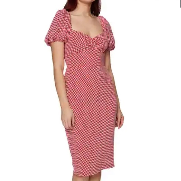 Betsey Johnson Women's Polka Dot Print Puff Sleeve Midi Sheath Dress - Picture 1 of 11